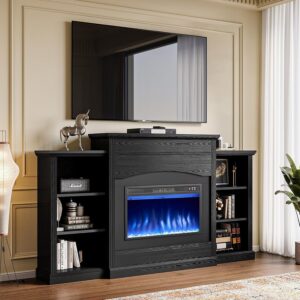 oneinmil Electric Fireplace with 67" Mantel, Fireplace TV Stand with Storage Shelves, 23'' Multifunctional Fire Places Insert Heater, Remote Control, for Living Room or Bedroom, Black