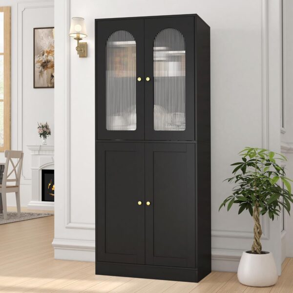 71" Tall Kitchen Pantry Cabinet, Kitchen Storage Cabinet with Glass Doors and Adjustable Shelves, Wood Food Pantry Cabinet, Freestanding Cupboard for Kitchen, Dining Room, Black