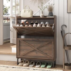 81Bm5KOyLlL._AC_SL1500_.jpg Maupvit Shoe Storage Cabinet with 2 Flip Drawers, Freestanding Organizer with Metal Legs for Entryway, Narrow Shoe Rack Cabinet, Dark Walnut