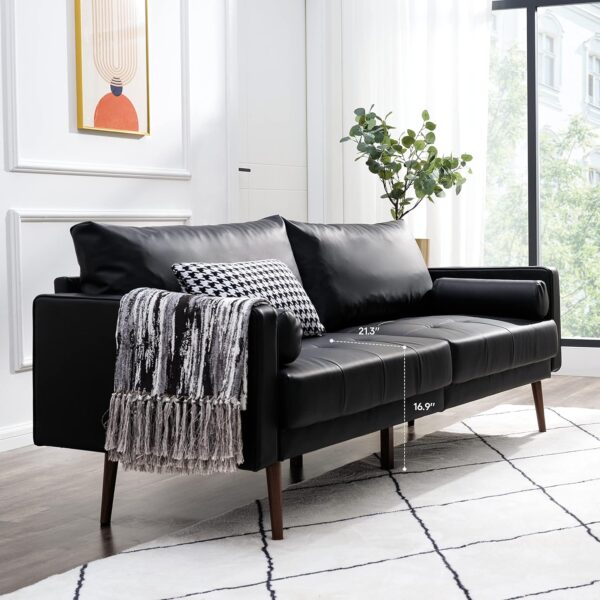 Vonanda Faux Leather Sofa Couch, Mid-Century 73 Inch 3 Seater Leather Couch with Wood Grain Metal Legs and Bolster Pillows for Living Room,Elegant Black