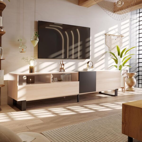 Modern TV Stand with 3 Cabinets & Open Shelves, Minimalist Wooden Entertainment Center for TVs Up to 80”, Sturdy TV Console for Living Room Bedroom Decor (Wood)