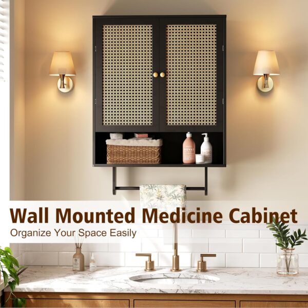 Bathroom Wall Cabinets, Bamboo Medicine Cabinets with Adjustable Shelves, Wall Mounted Bathroom Storage Cabinet, 2 Doors Over The Toilet Storage for Bathroom, Kitchen, Entryway, Black