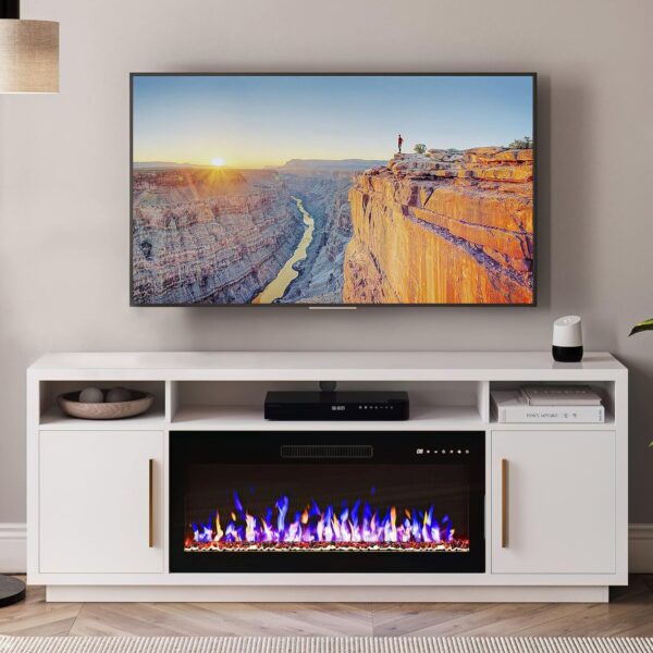 BELLEZE 70" Fireplace TV Stand for TVs Up to 80", LED Light Entertainment Center with 36" Electric Fireplace Heater, Storage Cabinet, Media Console Table for Living Room - Avenue (White)