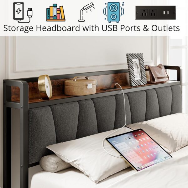 LIKIMIO Full Bed Frame, Storage Headboard with Charging Station, Solid and Stable, Noise Free, No Box Spring Needed, Easy Assembly