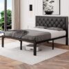 Feonase Queen Size Metal Bed Frame with Faux Leather Button Tufted Headboard, Heavy-Duty Platform Bed Frame with 12" Storage, Steel Slats Support, No Box Spring Needed, Noise Free, Black