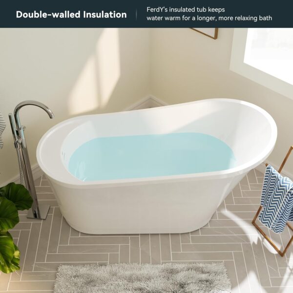 FerdY Langkawi 59" Acrylic Freestanding Bathtub, White Modern Stand Alone Soaking Bathtub, cUPC Certified, Brushed Nickel Drain and Minimalist Linear Design Overflow Included, Easy to Install, 02568T