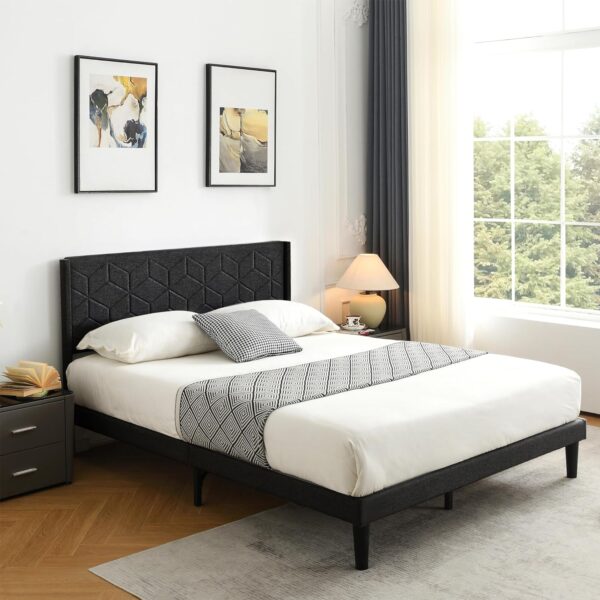Queen Size Platform Bed Frame with Fabric Upholstered Headboard and Strong Wooden Slats Support,Mattress Foundation,No Box Spring Needed,Easy Assembly (Black, Queen)