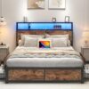 Lifezone Full Bed Frame with 2-Tier Storage Headboard, Metal Platform Bed Frame with 4 Storage Drawers, Built in Charging Station & LED, Noise-Free/Metal Support/No Box Spring Needed, Vintage Brown