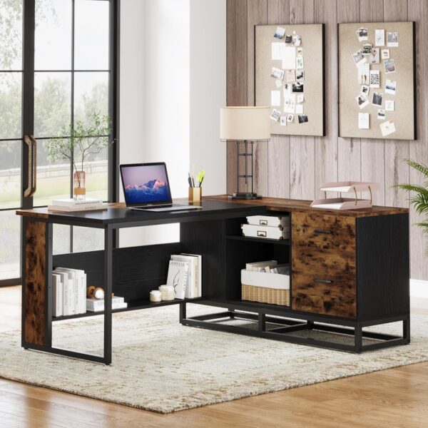 Tribesigns 63" L-Shaped Executive Desk, Large Office Desk with Drawers and Shelves, Rustic Long Business Furniture Desk with File Cabinet Storage Space, Home Office Workstation, Brown & Black