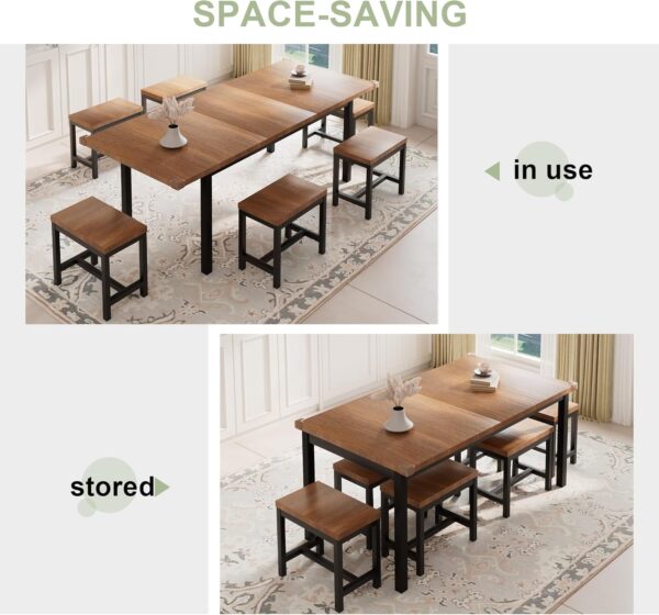Feonase 7-Piece Dining Table Set with 6 Stools, 63" Large Extendable Kitchen Table Set for 4-8, Mid-Century Dining Room Table with Heavy-Duty Frame, Easy Assembly, Walnut