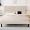 VECELO Queen Bed Frame with Type-C & USB Ports, Upholstered Platform Height-Adjustable Cotton and Linen Headboard, No Box Spring Needed, Noise-Free, Easy Assembly, Beige