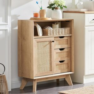 Natural Rattan Small Bathroom Cabinet, Modern Boho Storage Cabinet with Sliding Door & 3 Storage Drawers, Mid Century Small Freestanding Cabinet for Bathroom, Kitchen, Dining Room Storage, Oak