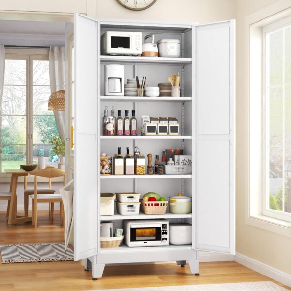 75.2" Tall Pantry Cabinet, Kitchen Pantry Storage Cabinets with 2 Door and 5 Adjustable Shelves, White Metal Pantry Storage Cabinet, Cupboard for Kitchen, Dining Room, Living Room and Bathroom