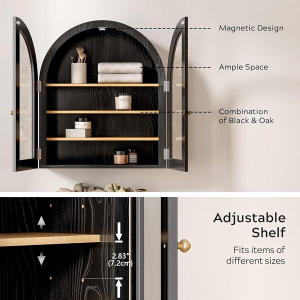 Arched Wall Cabinet, Modern Medicine Cabinet Wall Mounted Cupboard, Farmhouse Bathroom Storage Cabinet with Glass Door & Adjustable Shelf, Wooden Organizer for Kitchen (Black-Oak)