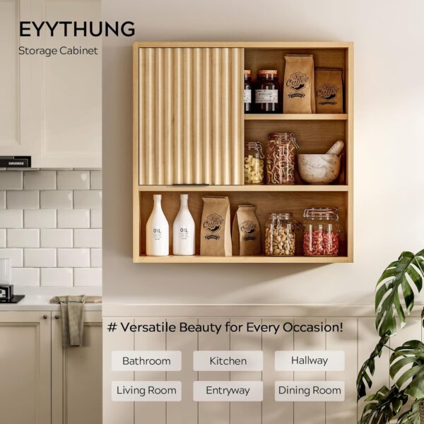 Fluted Wall Cabinet Bathroom, Modern Medicine Cabinet with Sliding Door Adjustable Shelf Wood Storage Cabinet Wall Mounted for Kitchen Dining Room Living Room, Natural Oak