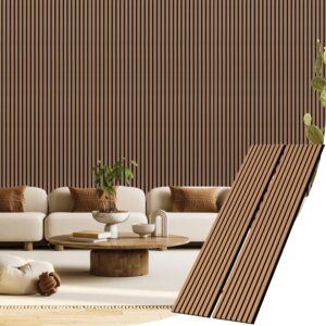 2 Pack Wood Slat Acoustic Panels for Wall and Ceiling, 94.49"×12.80" Soundpoof Wooden Wall Panels for Interior Wall Decor, 3D Fluted Sound Absorbing Panel - Deep Walnut