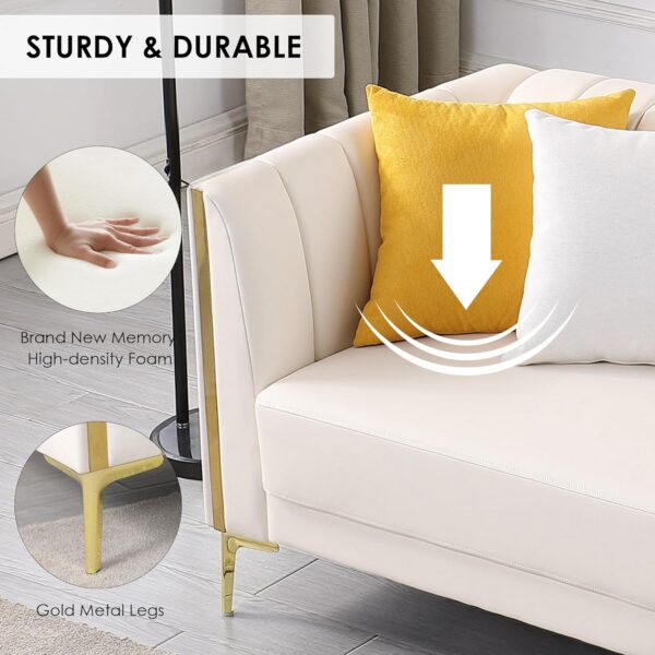FOTOSOK 78'' Sofa, Modern White Couches for Living Room with 2 Throw Pillows, Comfy Faux Leather Sofa 3 Seater Sofa with Gold Metal Legs, Cloud Sofa Couch Deep Seat Sofas (Cream White)