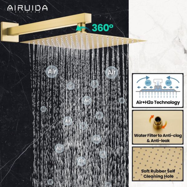 Airuida Shower Faucet Set Shower Trim Kit with Female Thread Rough-in Valve Single Function Shower Head and Handle set Rainfall Shower System with Long Shower Arm 10 Inch Shower Head Brushed Gold