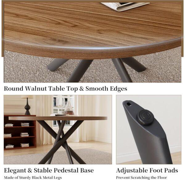 45.3 Inch Round Dining Table Set for 4, Mid Century Modern Small Coffee Set for Dining Room Kitchen Apartment (Walnut Table + 4 U-Shaped Brown Chairs)