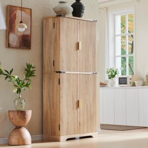 81FHMKfpHCL._AC_SL1500_.jpg Fluted Pantry Cabinet, 72" Tall Modern Storage Cabinet with 4 Doors, Organizer, Drawer and Adjustable Shelves, Wood Cupboard for Kitchen, Dining Room, Living Room and Bathroom, Natural Oak