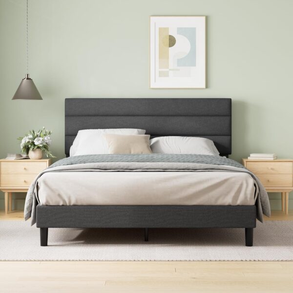 ZINUS Full Piper Upholstered Platform Bed with Horizontal Paneled Headboard, Wooden Slat Support, No Box Spring Needed, Easy Assembly, Eco Friendly Packaging, Dark Grey