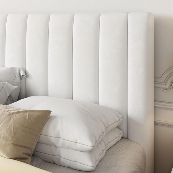 Allewie Full Platform Bed Frame/Velvet Upholstered Bed Frame with Vertical Channel Tufted Headboard/Strong Wooden Slats/Mattress Foundation/Box Spring Optional/Easy Assembly/White