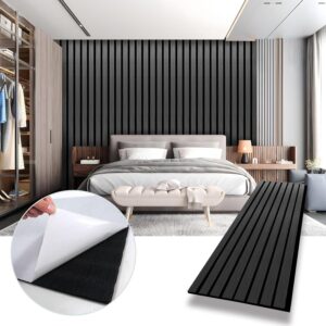 3D Peel and Stick Wood Slat Acoustic Wall Panels, Self Adhesive Wall Panels,for Interior Wall Slats Decor,Living Room,Bedroom 4-Pack,Deep Black