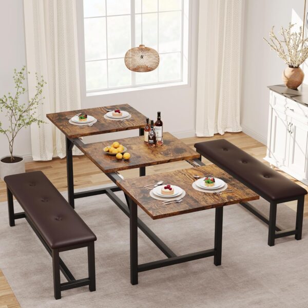IDEALHOUSE Dining Table Set for 4-6, 3 Piece Large Extendable Kitchen Table Set for 6, 63" Rectangle Kitchen Table Set with 2 Upholstered Benches for Apartment, Dining Room, Space Save, Retro Brown