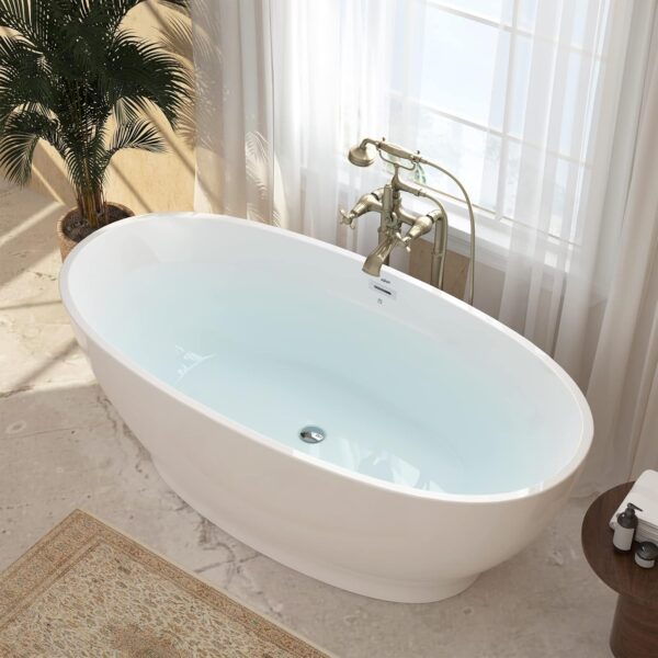 FerdY Koh Samui 65" Acrylic Freestanding Bathtub, Oval Contemporary Soaking Bathtub, Glossy White, cUPC Certified, Toe-Tap Chrome Drain & Overflow Assembly Included