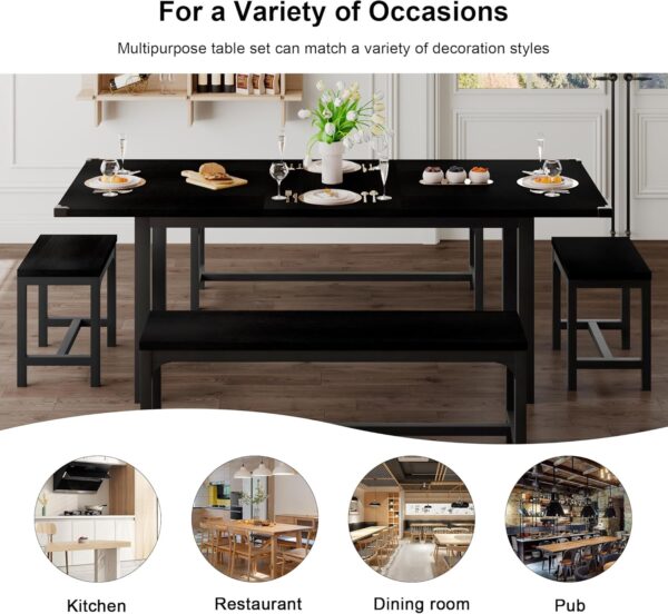Feonase 5-Piece Dining Table Set for 4-8 People, 63" Large Extendable Kitchen Table Set with 2 Benches and 2 Square Stools, Dining Room Table with MDF Wood Board, Easy Assembly, Black