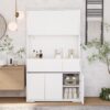 White Kitchen Pantry Cabinet with Power Outlets, LED Lights and 3 Drawers, Tall Cabinet with Adjustable Shelves and Countertop