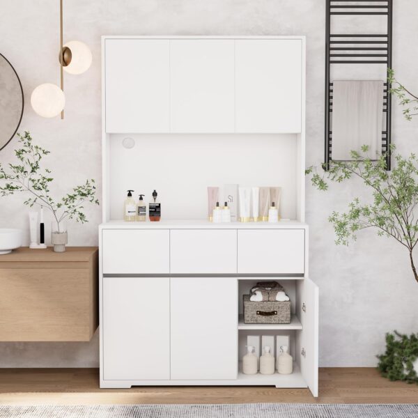White Kitchen Pantry Cabinet with Power Outlets, LED Lights and 3 Drawers, Tall Cabinet with Adjustable Shelves and Countertop