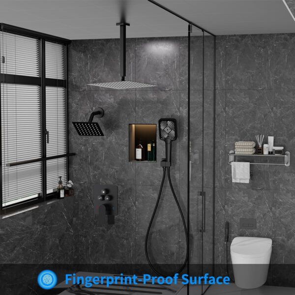 81HvEQ87LL._AC_SL1500_.jpg Shower Faucet Set, 12" Ceiling Mount Rainfall Shower System with 2 Rain Shower Head and Multi-function Handheld Head Push Button Diverter Shower Faucet Trim Kit (12", Matte Black)