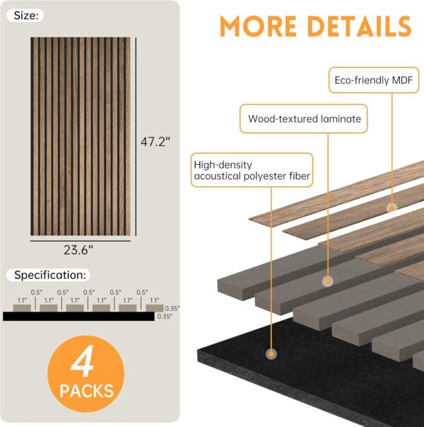 Wood Slat Wall Panel | 4 Pcs Acoustic Wall Panels 48" x 24.5" Wood Wall Panels 3D Sound Dampening Panels Wall Decoration - Walnut