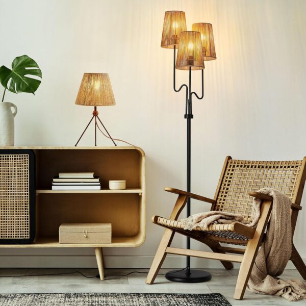 Boho Floor Lamp, 68in. Rattan Floor Lamp with Rattan Shade,3 Light Tree Standing Lamp for Bedroom,Nursery,E26 Socket, Living Room Floor Lamp for Rustic,Coastal, Beach or Bohemian Decor (Black)