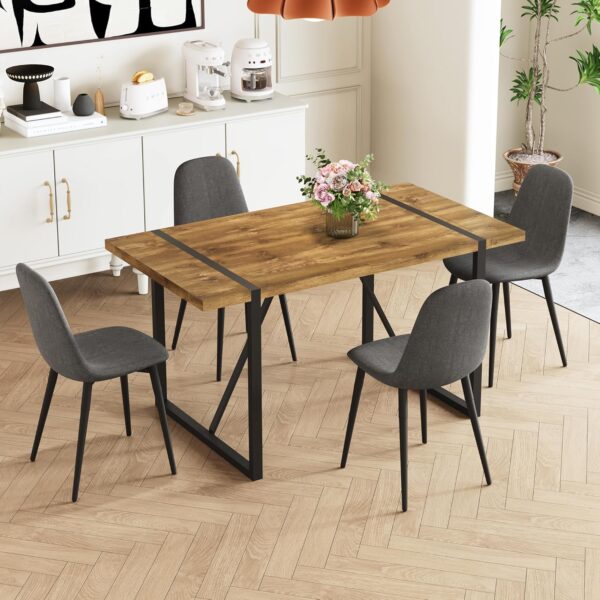 Rustic 5 Piece Dining Room Table Set for 4 People, Mid Century Modern 55 Inch Rectangle Wood Kitchen Dining Table with 4 Fabric Chairs Set, Suitable for Kitchen Dining Room