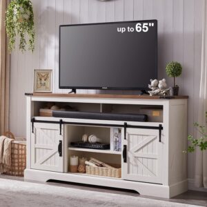 81Iv1xf27sL._AC_SL1500_.jpg OKD Farmhouse TV Stand for 65+ Inch TV, 33" Tall Highboy Entertainment Center w/Sliding Barn Door, Rustic Media Console w/Storage Shelves, Wood Television Stand for Living Room, Antique White