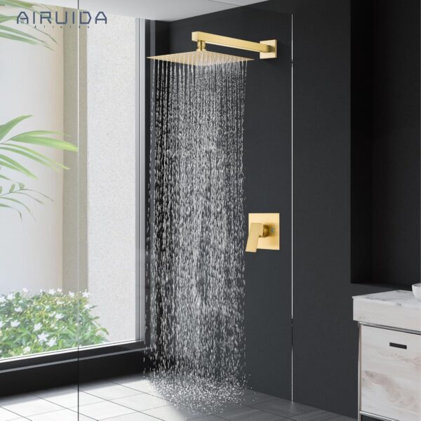 Airuida Shower Faucet Set Shower Trim Kit with Female Thread Rough-in Valve Single Function Shower Head and Handle set Rainfall Shower System with Long Shower Arm 10 Inch Shower Head Brushed Gold