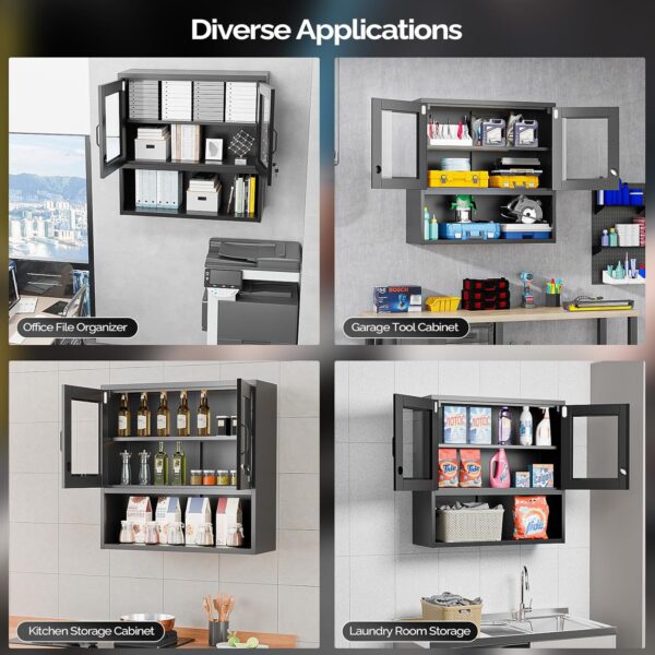 VINGLI Metal Wall Cabinet with Locking Glass Doors & Magnetic LED Sensor Light, Adjustable Shelf, Wall Mounted Storage Display Cabinets for Garage, Kitchen, Home Office, Warehouse, Living Room, Black