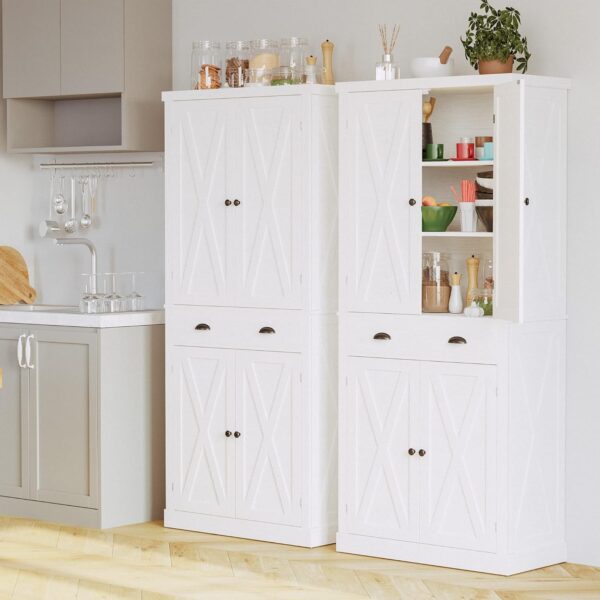 IRONCK Kitchen Pantry Storage Cabinet 72.6" H, with Barn Doors, Drawer, 4 Adjustable Shelves, Freestanding Cupboard for Dining Room Living Room, Laundry, White