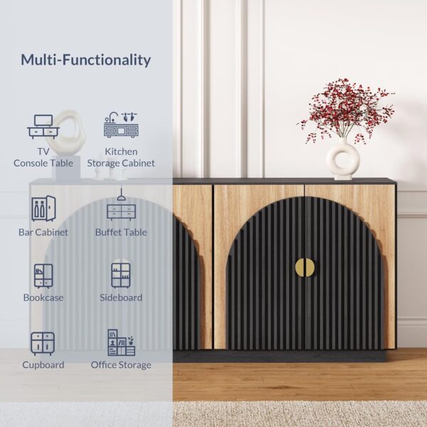 BELLEZE 65 Inch Fluted Buffet Cabinet with Storage, Symmetrical Arc Accent Sideboard Large Console Table for Dining Room, Kitchen, and Living Room (Camel)