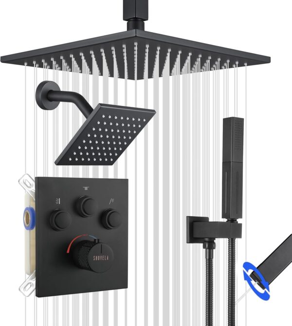 81KKfiv3soL._AC_SL1500_.jpg Thermostatic Shower System Matte Black, Push Button Diverter Shower Faucet with 2 in 1 Handheld, Ceiling Mount 12 Inch Shower Head with 6 Inch Wall Mount Shower Head