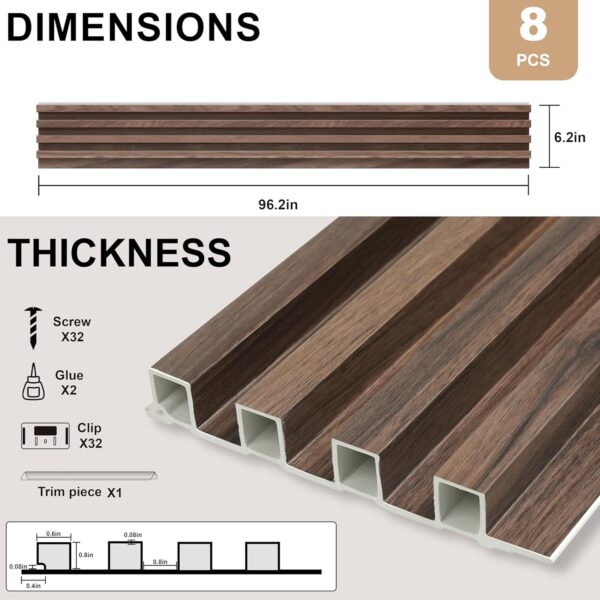 8-Pack WPC Slat Wall Panels, 96 x 6 in Decorative Acoustic Slats 3D Wall Panels, Water-Proof and Easy Installation, Dark Walnut