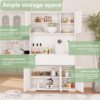 White Kitchen Pantry Cabinet with Power Outlets, LED Lights and 3 Drawers, Tall Cabinet with Adjustable Shelves and Countertop