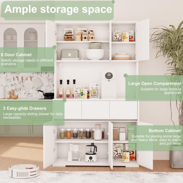 White Kitchen Pantry Cabinet with Power Outlets, LED Lights and 3 Drawers, Tall Cabinet with Adjustable Shelves and Countertop