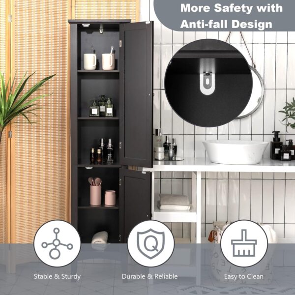 Tangkula Tall Bathroom Storage Cabinet, 5-Tier Wooden Freestanding Tower Cabinet, Narrow Storage Floor Cabinet w/ 2 Doors & Shelves for Bathroom Living Room Kitchen (Black)