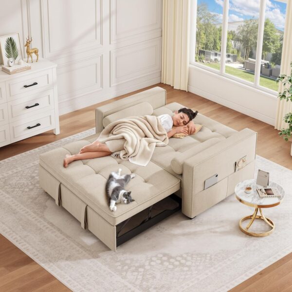 DWVO 3-in-1 Convertible Sleeper Sofa Bed, Folding Futon Couch with Pullout Bed, 5-Level Backrest, USB Ports, Storage Pockets, and Pillows, Modern Lounge Furniture for Living Room (Beige)