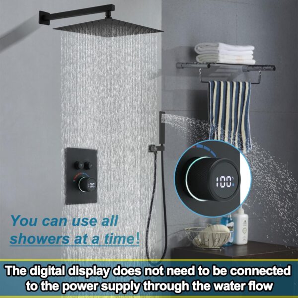 Solid Brass Shower Mixer Valve, Concealed 2 Way Outlet LED Digital Display Diverter Valve, Can Use All Options at A Time Black