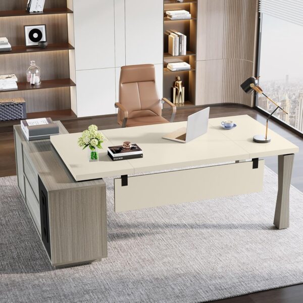 Tribesigns 78.7-Inch Executive Desk, L-Shaped Desk with Cabinet, Large Office Desk with Storage Shelves, Writing Table Desk Business Furniture Set for Home Office, Gray and Cream White