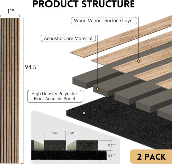 Wood Panels for Wall, 94.5"×11" Acoustic Wall Panels for Interior Decor, 3D Wood Slat Sound Absorbing Wooden Paneling for Living Room Bedroom, Walnut 2 Pack
